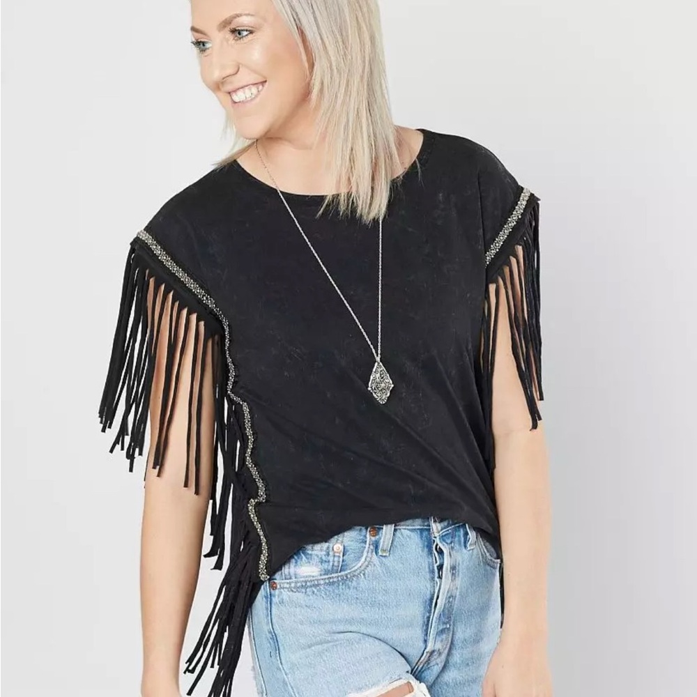 Affliction Black Top with Fringe Accents sz: medium